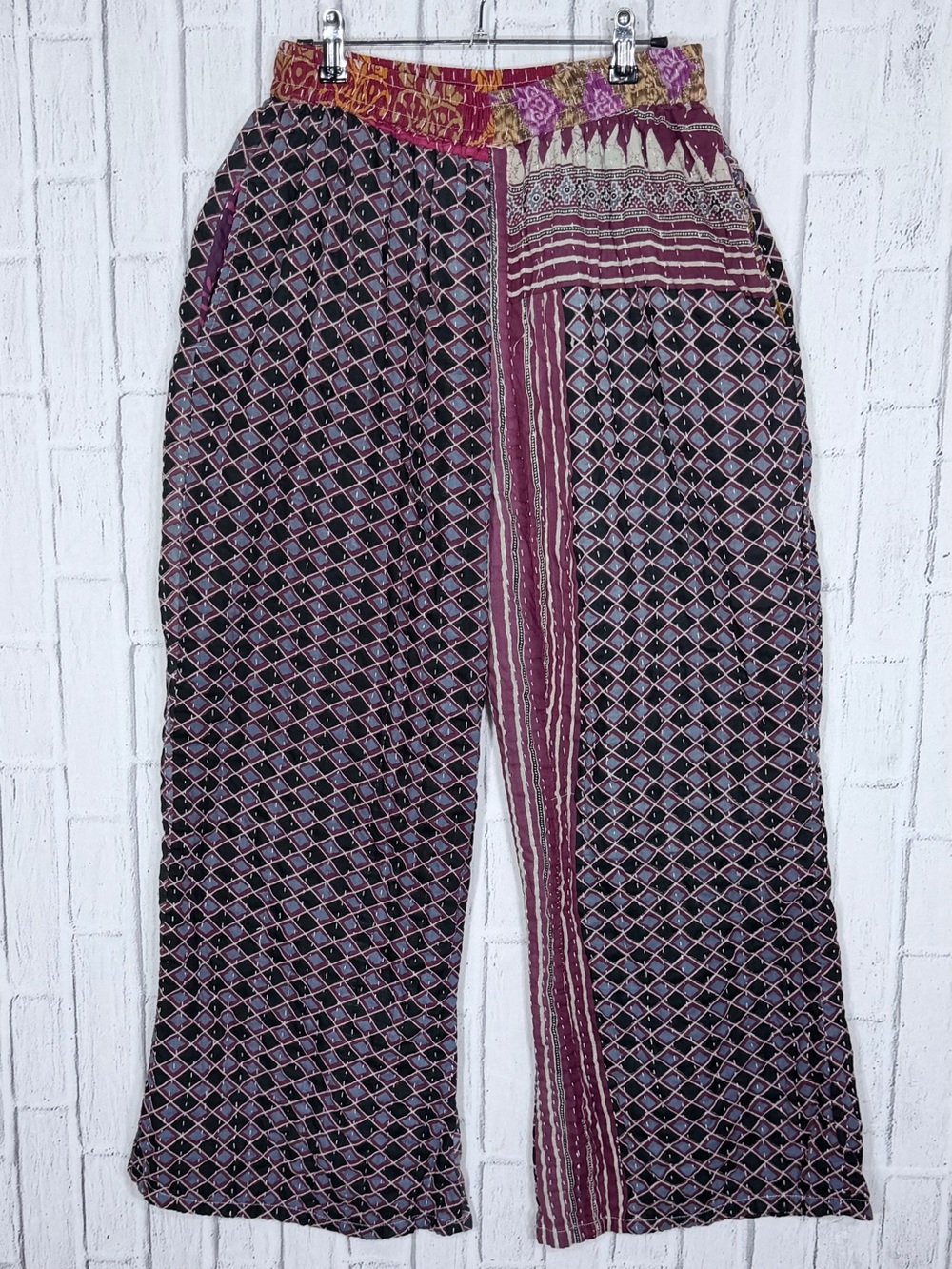 Wevez Kantha Patchwork Pants 100% Cotton Boho Wide Leg Pockets